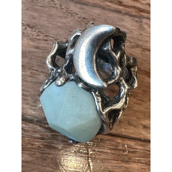 Rare Mania Mania 925 Silver Amazonite Crescent Moon Chunky Statement Ring SZ. 8 - Picture 12 of 16